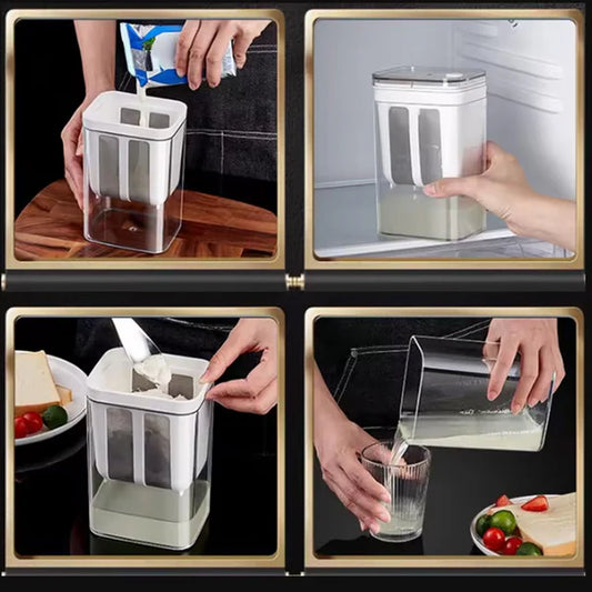 Collage of a person using a clear kitchen container with a white lid for various tasks.