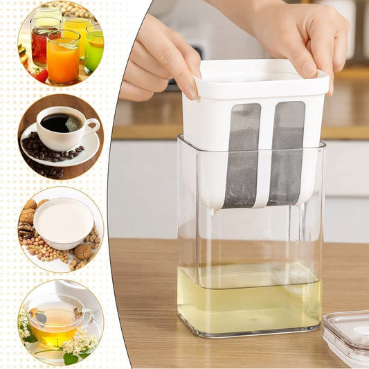A white and clear plastic tea infuser strainer being held onto a clear plastic tea infuser container, with tea liquid dripping into a cup. The main scene is on a wooden table, with a vertical inset strip on the left showing tea-making examples with coffee, tea, milk, and fruit.