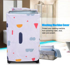 A white washing machine cover with a colorful abstract pattern of geometric shapes, shown draped over a top-loading washing machine in a bright bathroom setting. A wicker basket with folded towels is next to it, and a text overlay on the right reads 'Washing Machine Cover' with descriptive text.