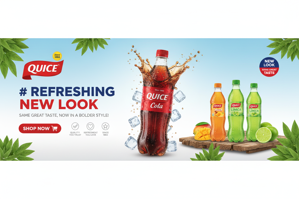 Quice Cola advertisement with new look branding and product display.