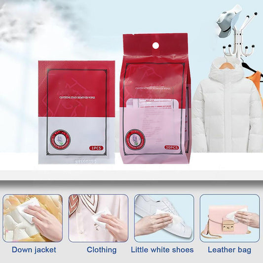 Red packaging of clothing stain remover wipes with usage examples on a light blue background