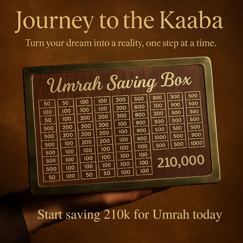 Umrah Saving Box with monetary values and text on a brown background