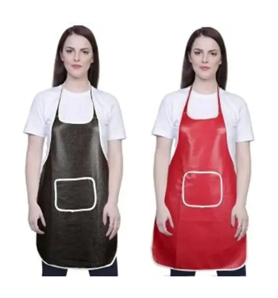 Two women modeling waterproof aprons side by side. The woman on the left wears a dark brown apron, and the woman on the right wears a bright red apron.