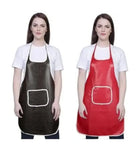 Two women modeling waterproof aprons side by side. The woman on the left wears a dark brown apron, and the woman on the right wears a bright red apron.