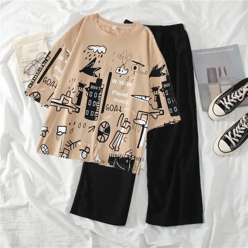 urban doodle print pajama set oversized graphic tee wide leg pants women comfortable sleepwear loungewear set Aalaa Shop