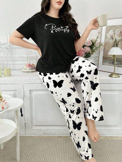 Women Butterfly Print Pajama Set Soft Lounge Wear Outfit