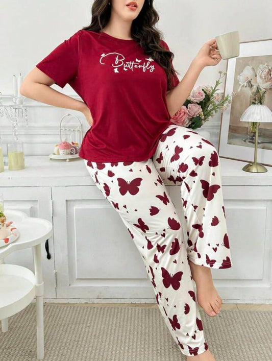 Women Butterfly Print Pajama Set Soft Lounge Wear Outfit