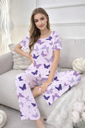 Purple Butterfly Print Night Suit Women Pajama Set
