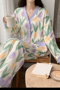 White Floral Button Night Suit Women Pajama Set