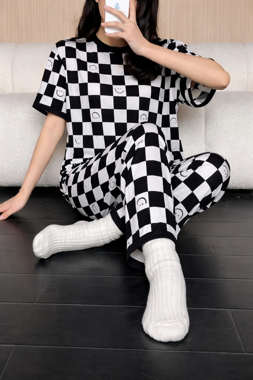 black white smile check night suit women pajama set comfortable sleepwear ladies loungewear two piece printed nightwear Gharsaman