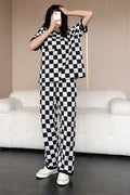 Black White Smile Check Night Suit Women Pajama Set