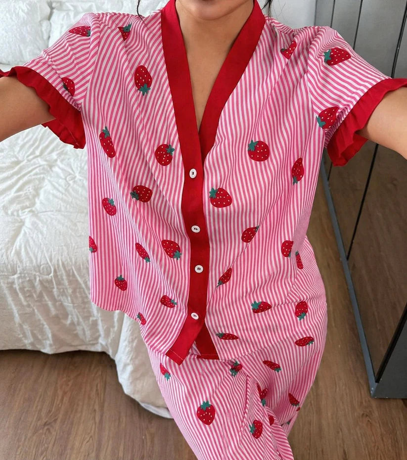 pink strawberry button night suit women pajama set Gharsaman