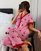 pink strawberry button night suit women pajama set Gharsaman