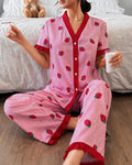 Pink Strawberry Button Night Suit Women Pajama Set