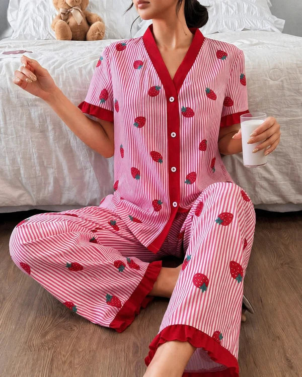 pink strawberry button night suit women pajama set Gharsaman