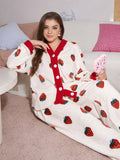 White Red Strawberry Button Night Suit Women Pajama Set