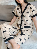 White Black Bow Button Night Suit Women Pajama Set