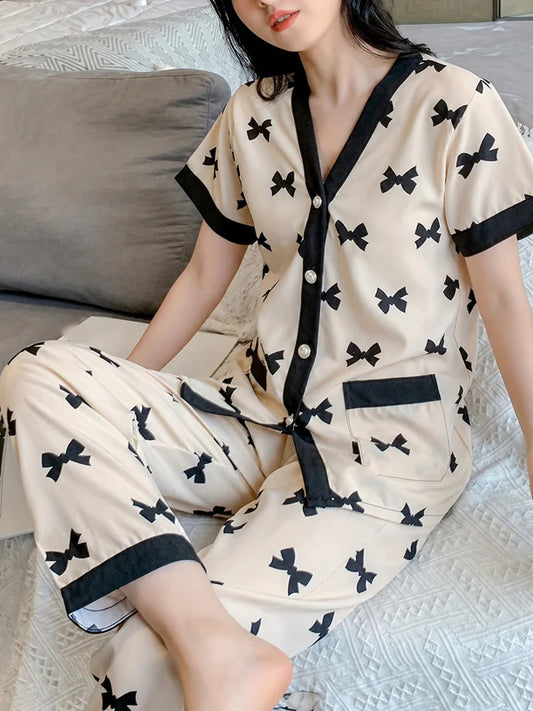 white black bow button night suit women pajama set soft comfortable sleepwear ladies loungewear two piece nightwear Gharsaman