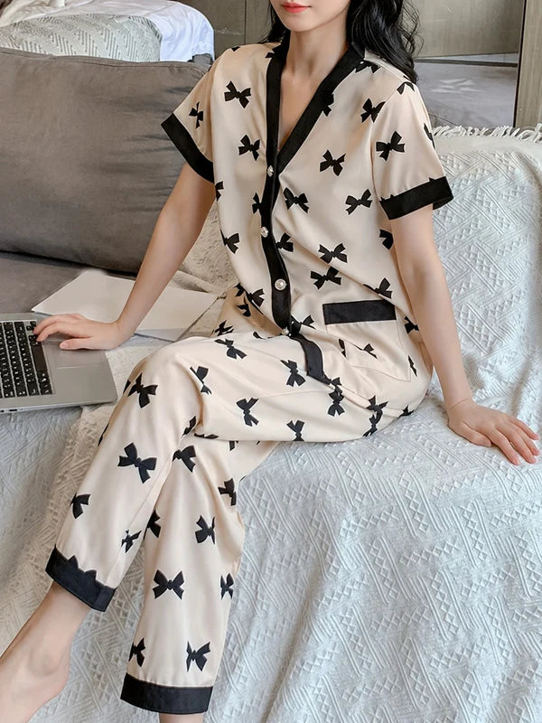 white black bow button night suit women pajama set soft comfortable sleepwear ladies loungewear two piece nightwear Gharsaman