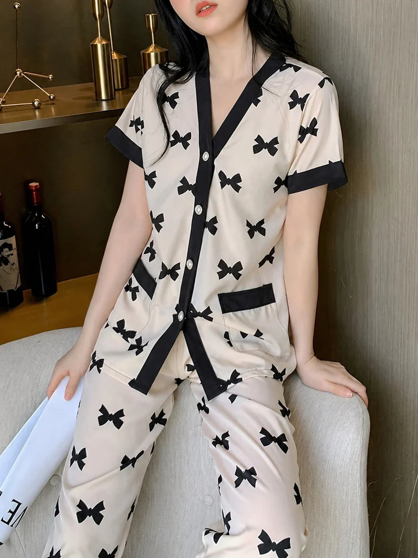 white black bow button night suit women pajama set soft comfortable sleepwear ladies loungewear two piece nightwear Gharsaman