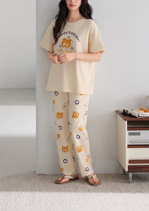 off white expectation print night suit women pajama set comfortable sleepwear ladies loungewear two piece printed nightwear Gharsaman