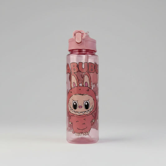 Cartoon character water bottle with pink lid on a white background