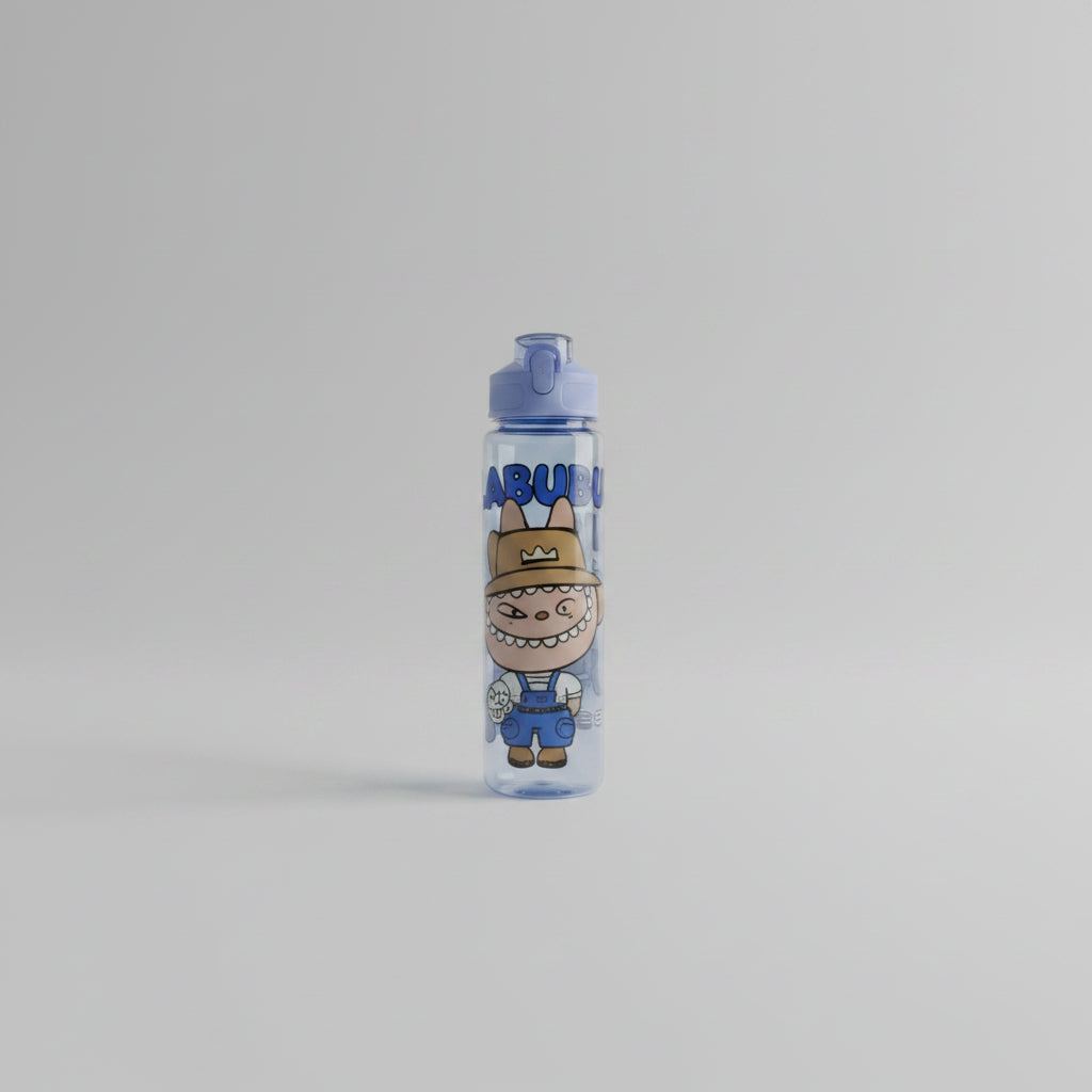 Children's water bottle with cartoon character design on a white background