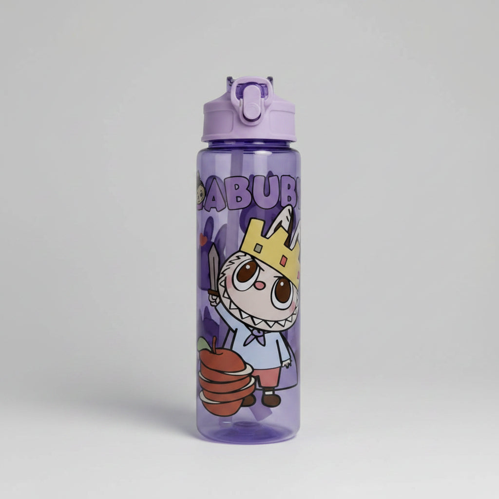 Children's water bottle with cartoon character design on a purple background