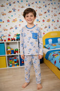 Kids Truck Print Night Suit | Grey Cotton Pajama Set with Blue Pocket