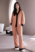 Orange Black Lining Button Night Suit Women Pajama Set