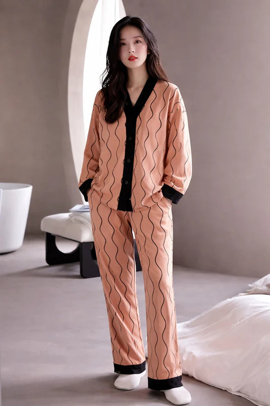 orange black lining button night suit women pajama set comfortable sleepwear ladies loungewear two piece nightwear Gharsaman