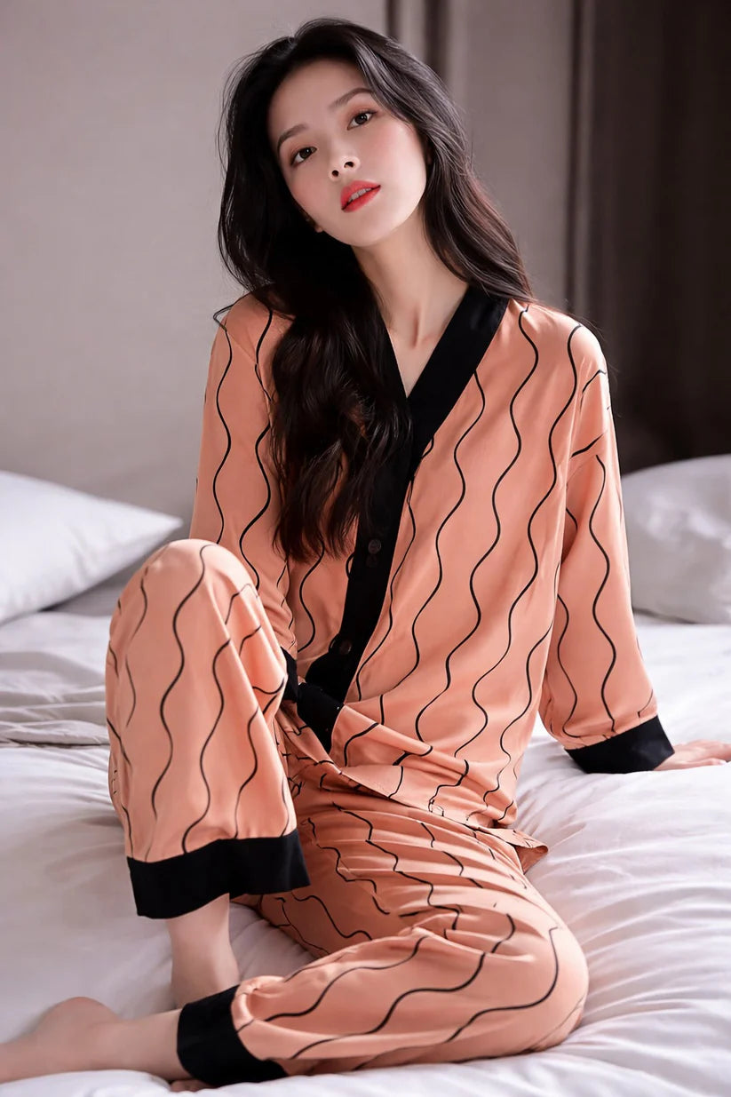 orange black lining button night suit women pajama set comfortable sleepwear ladies loungewear two piece nightwear Gharsaman