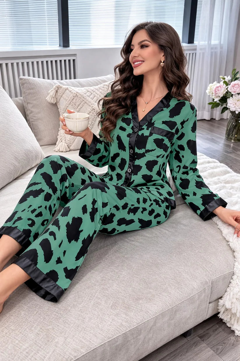 dark green cheetah print night suit women pajama set comfortable sleepwear ladies loungewear two piece printed nightwear Gharsaman