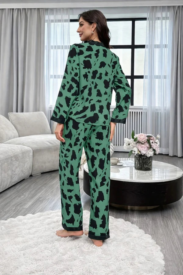dark green cheetah print night suit women pajama set comfortable sleepwear ladies loungewear two piece printed nightwear Gharsaman