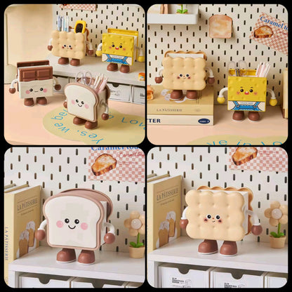 Cute Toast Desk Organizer Pen Holder | Kawaii Desktop Stationery Storage