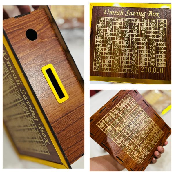 Wooden 'Umrah Saving Box' with gold text and design