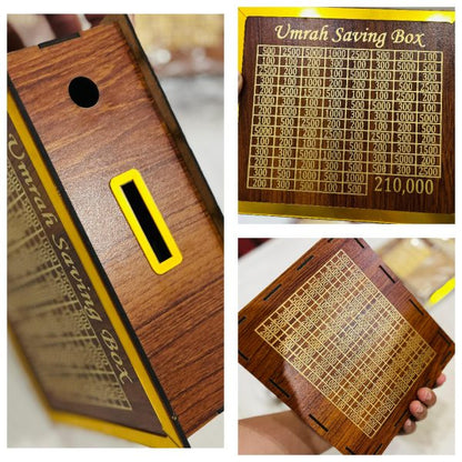 Wooden 'Umrah Saving Box' with gold text and design