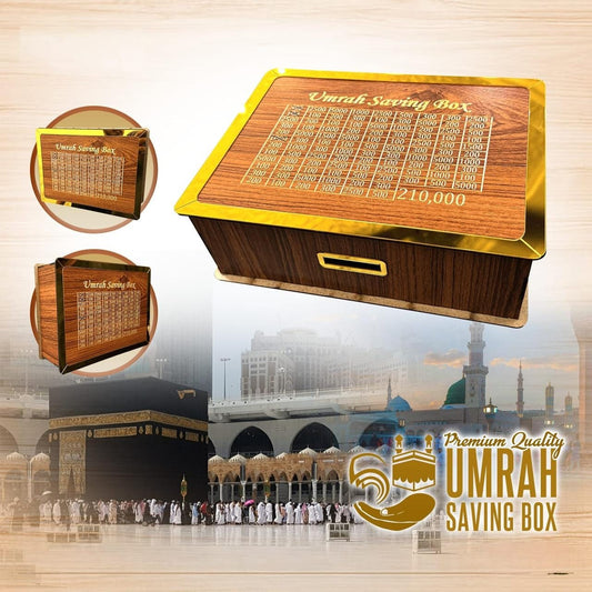 Wooden Umrah saving box with gold accents on a blurred mosque background