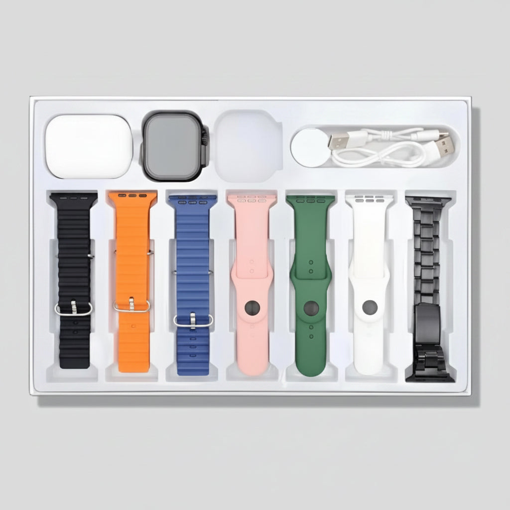 Set of colorful watch bands and accessories in a box with 'Black' text above.