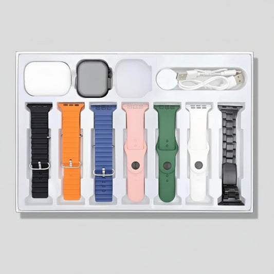 Set of colorful watch bands and accessories in a box with 'Black' text above.