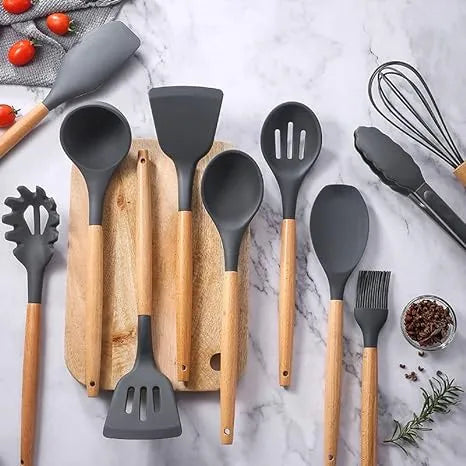 12-Piece Silicone Kitchen Utensil Set with Wooden Handles | Heat-Resistant Non-Stick Cooking Tools