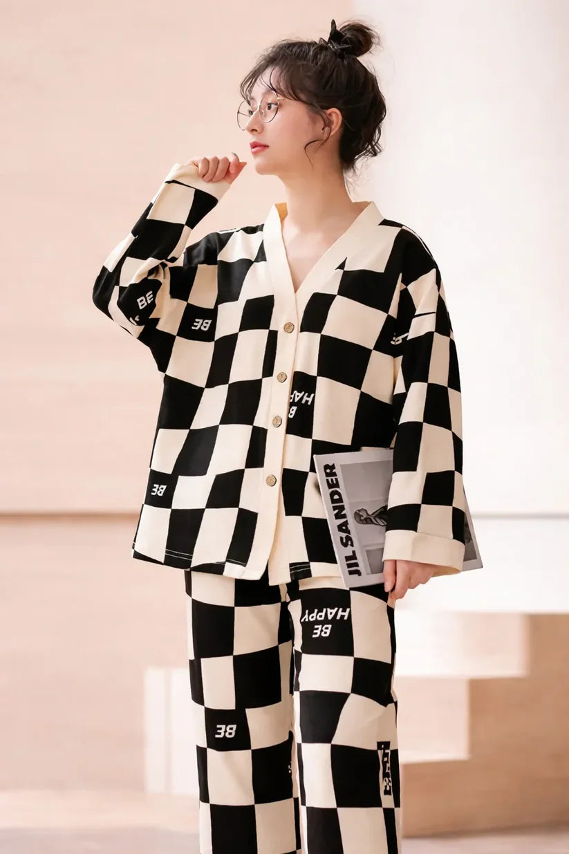 Off White Black Check V Neck Button PJ Set Women