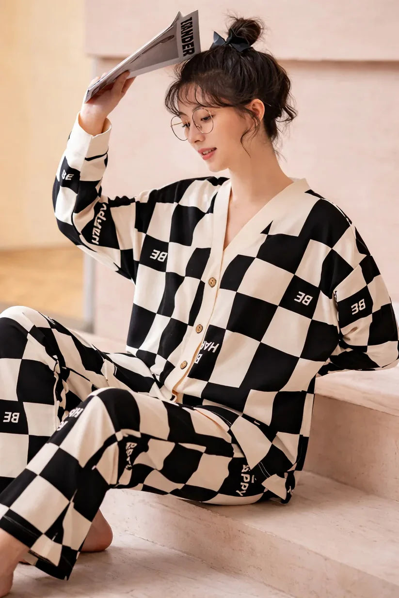 Off White Black Check V Neck Button PJ Set Women
