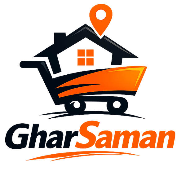 Logo of GharSaman with a house and shopping cart design on a white background