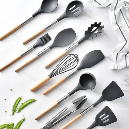 12-Piece Silicone Kitchen Utensil Set with Wooden Handles | Heat-Resistant Non-Stick Cooking Tools