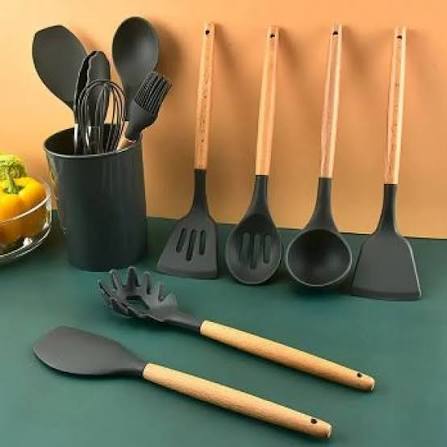 12-Piece Silicone Kitchen Utensil Set with Wooden Handles | Heat-Resistant Non-Stick Cooking Tools