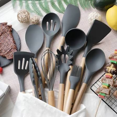 12-Piece Silicone Kitchen Utensil Set with Wooden Handles | Heat-Resistant Non-Stick Cooking Tools