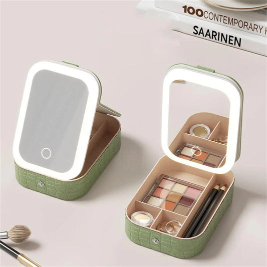 LED Makeup Vanity Case with Mirror | Portable Cosmetic Storage Box & Travel Makeup Organizer