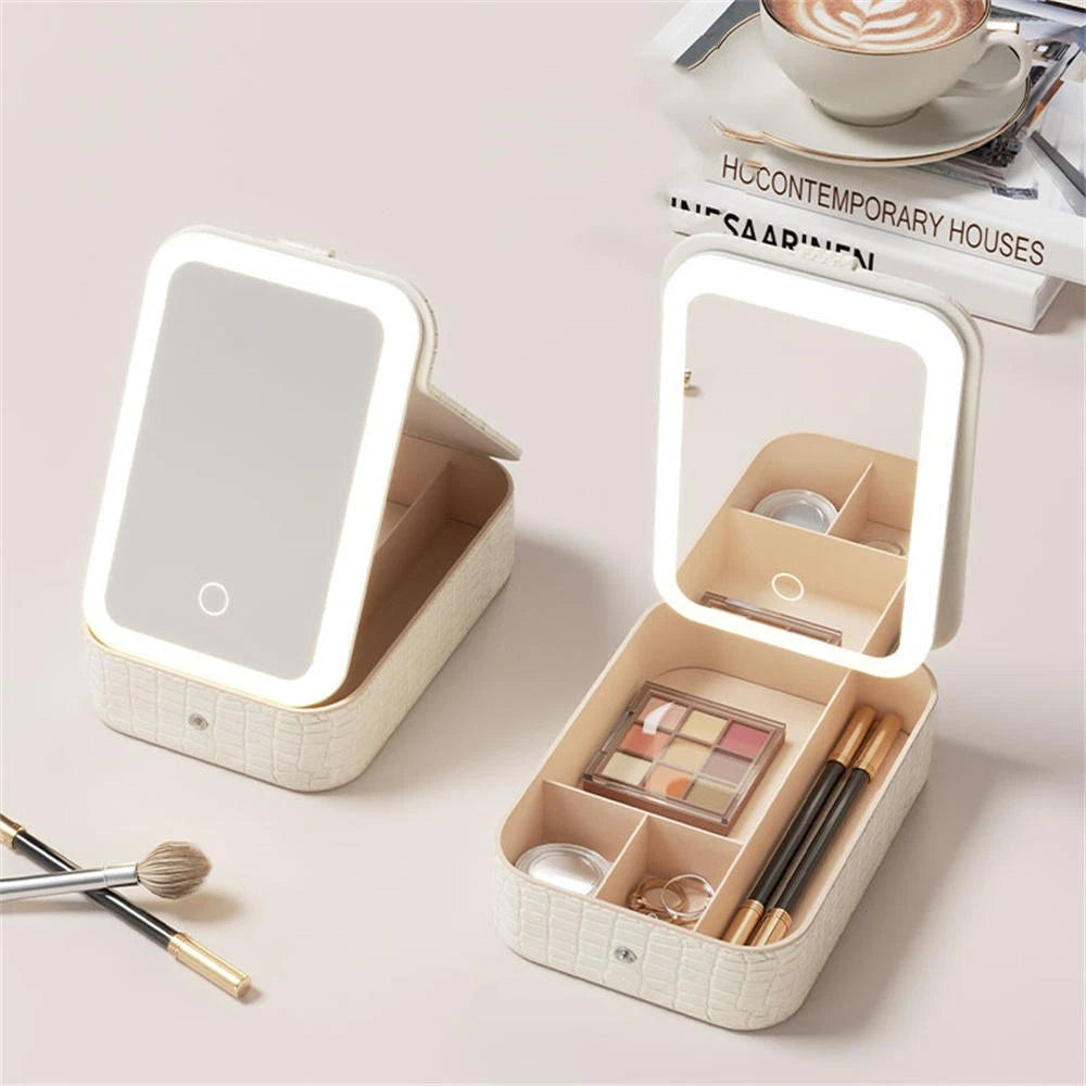 LED Makeup Vanity Case with Mirror | Portable Cosmetic Storage Box &amp; Travel Makeup Organizer