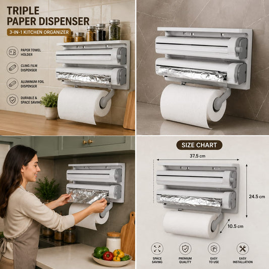 A 2x2 collage showing a triple paper dispenser mounted on a kitchen wall and countertop. The top-left panel includes marketing text for a 3-in-1 kitchen organizer and shows the dispenser holding paper towel holder,cling film dispenser, and aluminum foil dispenser with white paper rolls.